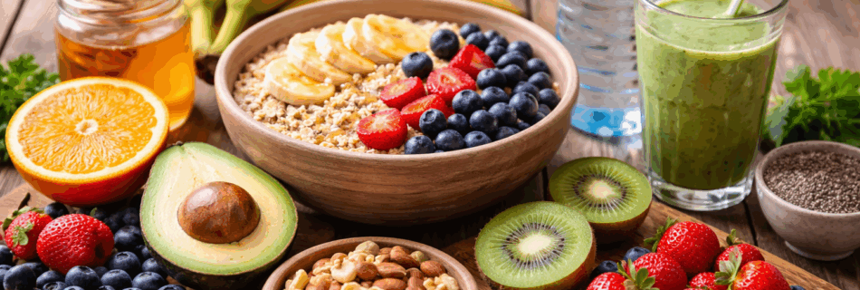 Verschiedene gesunde Nahrungsmittel auf einem Tisch: Haferflocken mit Obst, Nüsse, pürierter Shake, frisches Obst und Wasser – ideal für Nahrungsaufnahme vor dem Freediving