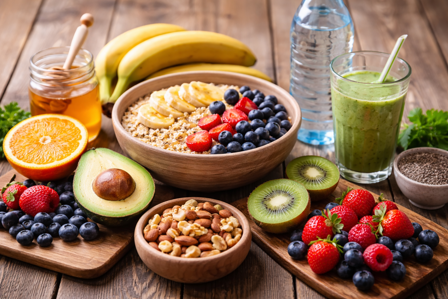 Verschiedene gesunde Nahrungsmittel auf einem Tisch: Haferflocken mit Obst, Nüsse, pürierter Shake, frisches Obst und Wasser – ideal für Nahrungsaufnahme vor dem Freediving