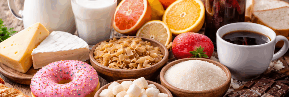 Tisch mit Lebensmitteln, mit zu vermeidende Lebensmittel vor dem Freediving: Milchprodukte, Zucker, Schokolade, Koffein, Weizenbrot und Zitrusfrüchte, realistisch angeordnet.