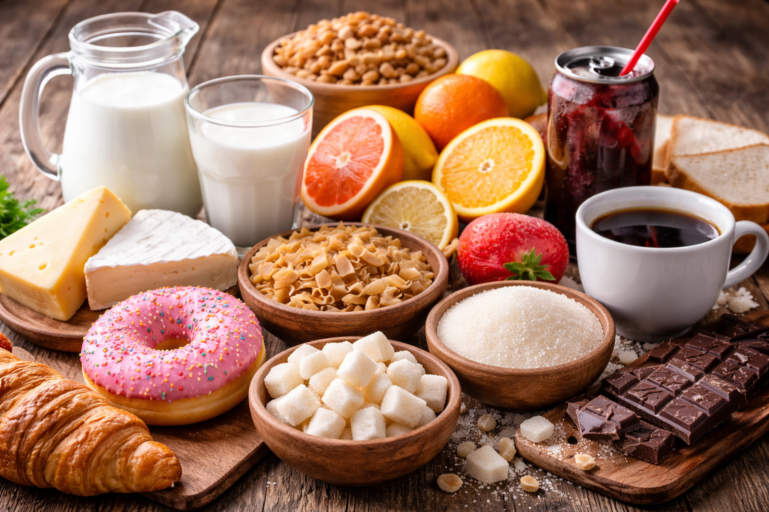 Tisch mit Lebensmitteln, mit zu vermeidende Lebensmittel vor dem Freediving: Milchprodukte, Zucker, Schokolade, Koffein, Weizenbrot und Zitrusfrüchte, realistisch angeordnet.
