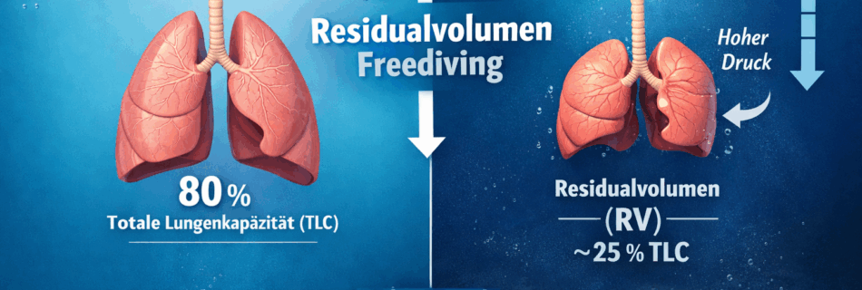Illustration des Residualvolumens (RV) beim Freediving mit Lungenvolumen an der Oberfläche und in der Tiefe, zeigt Failure Depth und Druckverhältnisse.
