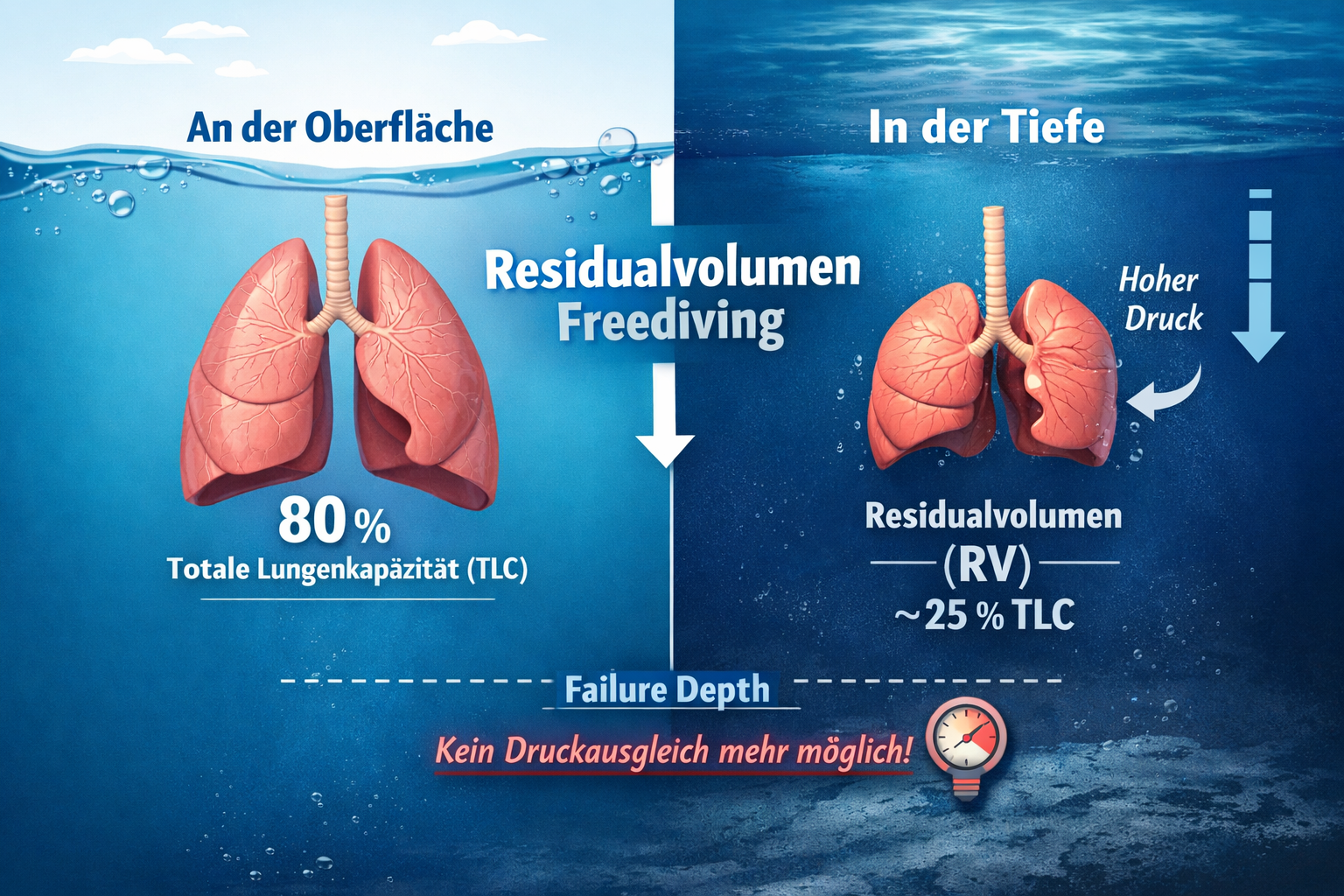 Illustration des Residualvolumens (RV) beim Freediving mit Lungenvolumen an der Oberfläche und in der Tiefe, zeigt Failure Depth und Druckverhältnisse.