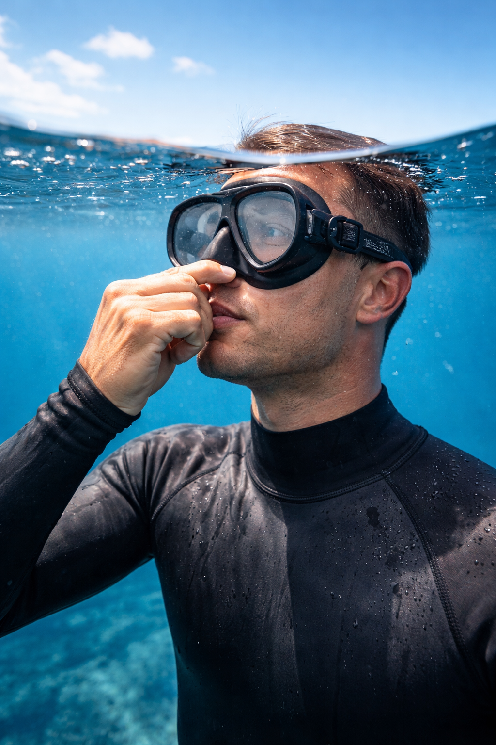 Freitaucher beim Druckausgleich (Valsalva-Methode) unter Wasser, Freediving, Taucher in schwarzem Neoprenanzug, klare Sicht, Luftblasen, natürliche Beleuchtung.